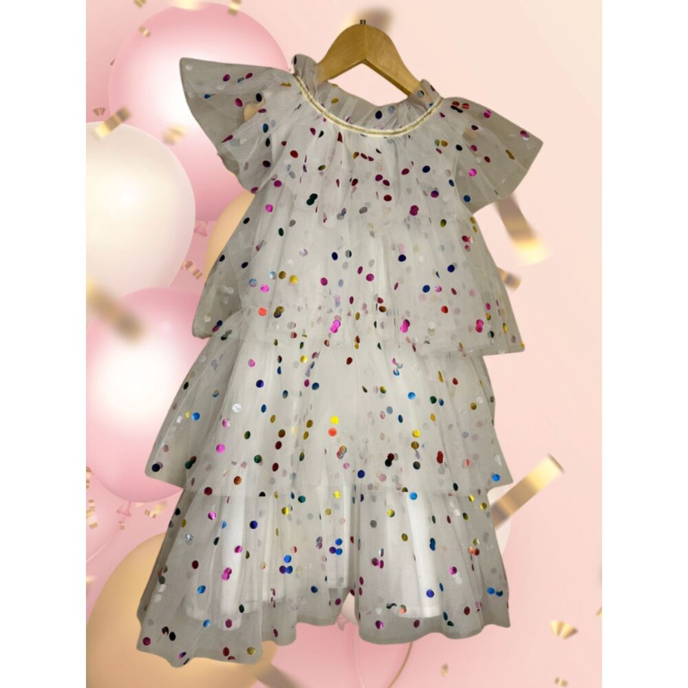 Lola & The Boys Girls LG (10) Rainbow Polka Dot Tulle Tiered Party Dress